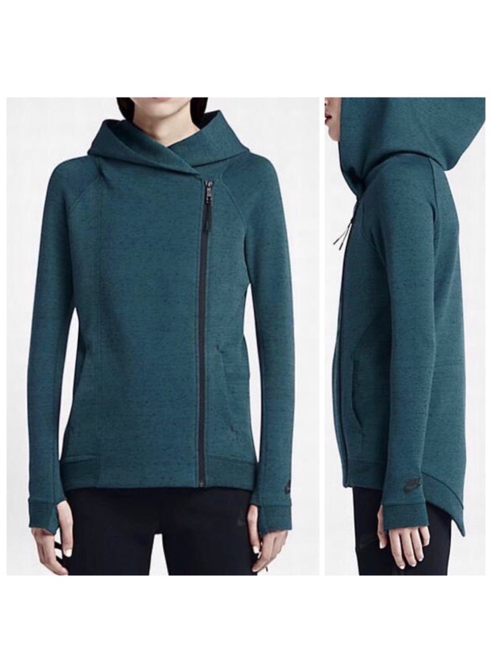 Nike Women’s Teal Tech Fleece Cape Hoodie Pullover Asymmetrical Zipup